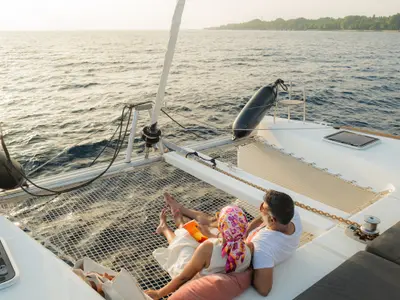 Deck of Sail La Vie, a Lagoon 40 catamaran at Malé, Maldives