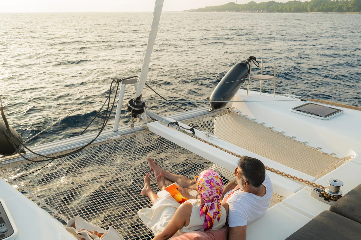 Deck of Sail La Vie, a Lagoon 40 catamaran at Malé, Maldives