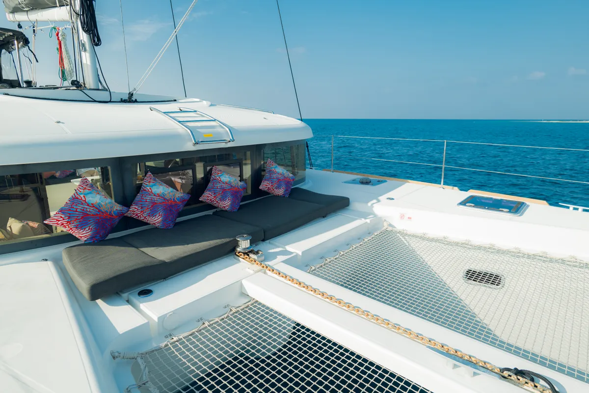 Deck of Sail La Vie, a Lagoon 40 catamaran at Malé, Maldives