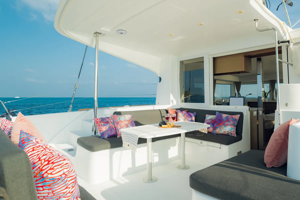 Deck of Sail La Vie, a Lagoon 40 catamaran at Malé, Maldives