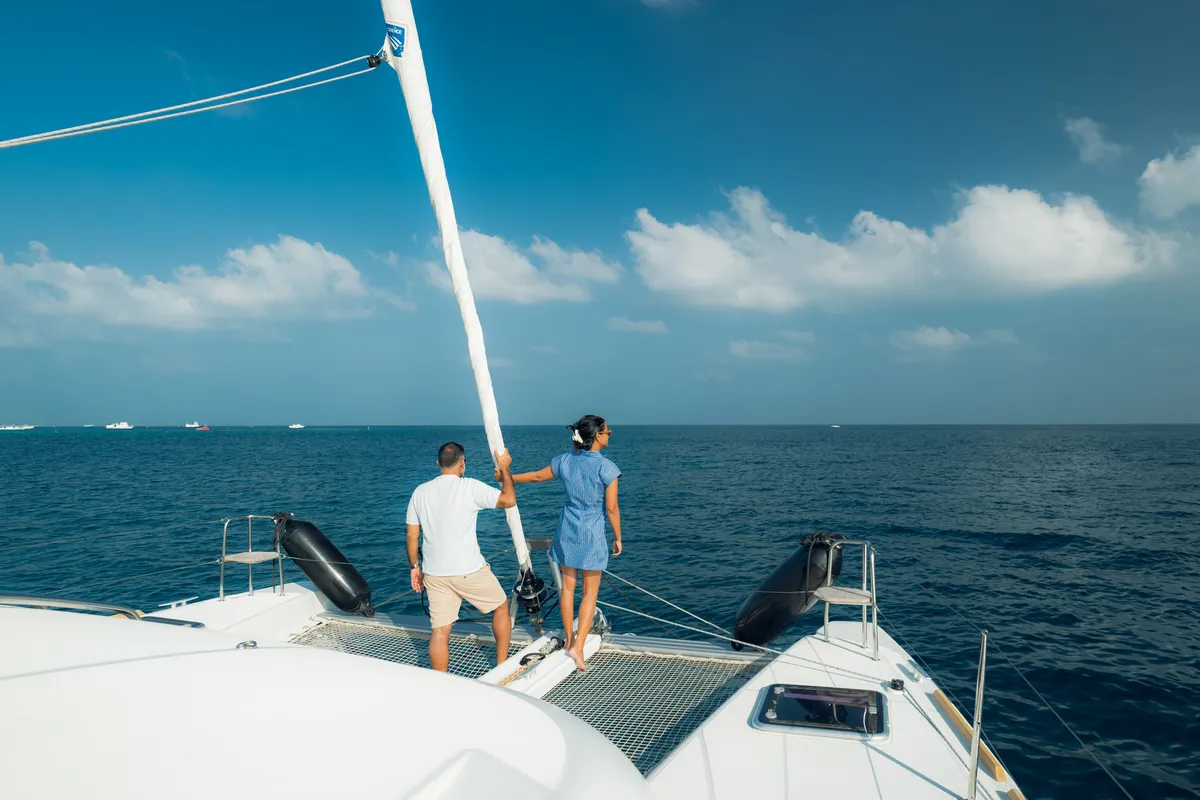Deck of Sail La Vie, a Lagoon 40 catamaran at Malé, Maldives