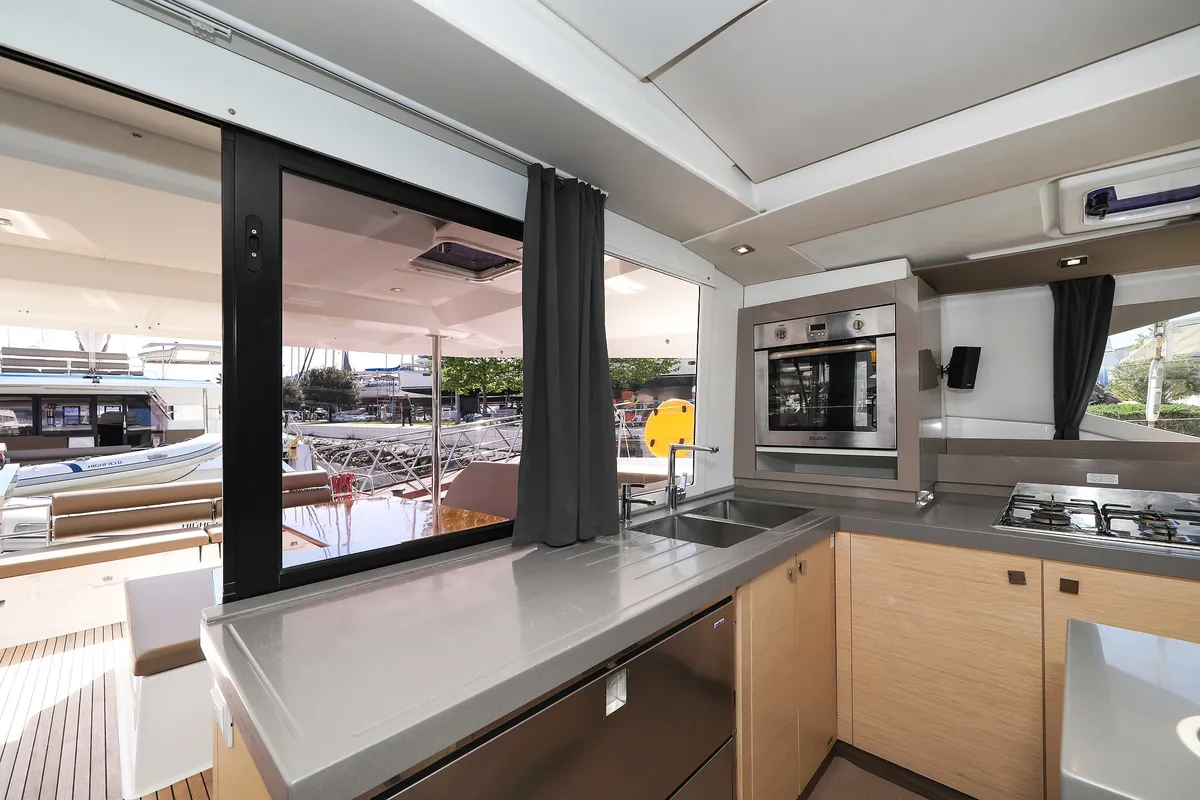 Galley of Nina V, a Fountaine Pajot Saona 47 Quintet catamaran at Grad Trogir, Croatia