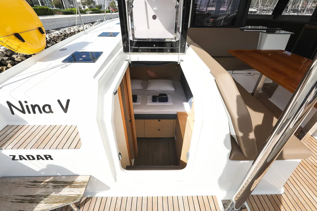 Deck of Nina V, a Fountaine Pajot Saona 47 Quintet catamaran at Grad Trogir, Croatia