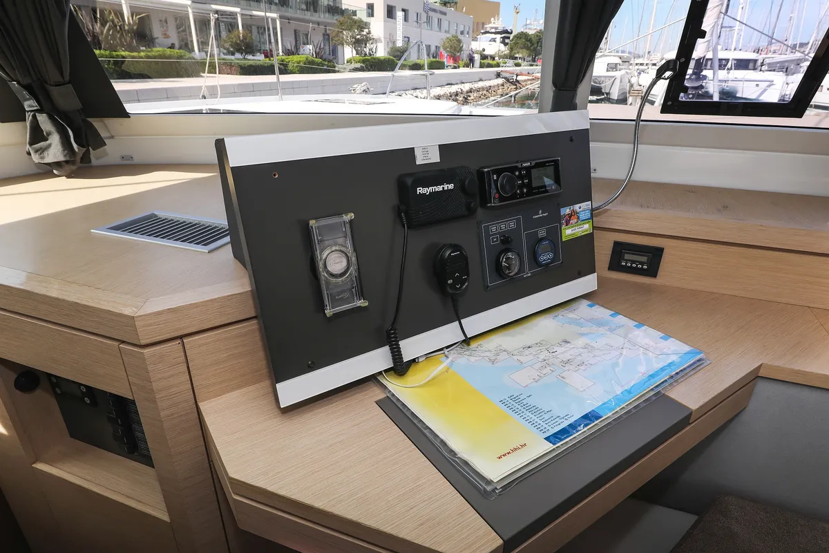Cockpit of Nina V, a Fountaine Pajot Saona 47 Quintet catamaran at Grad Trogir, Croatia