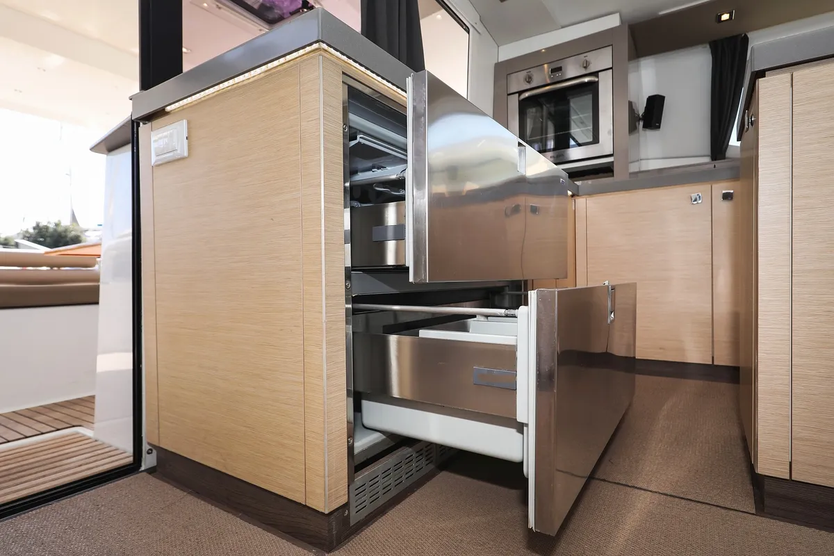 Galley of Nina V, a Fountaine Pajot Saona 47 Quintet catamaran at Grad Trogir, Croatia