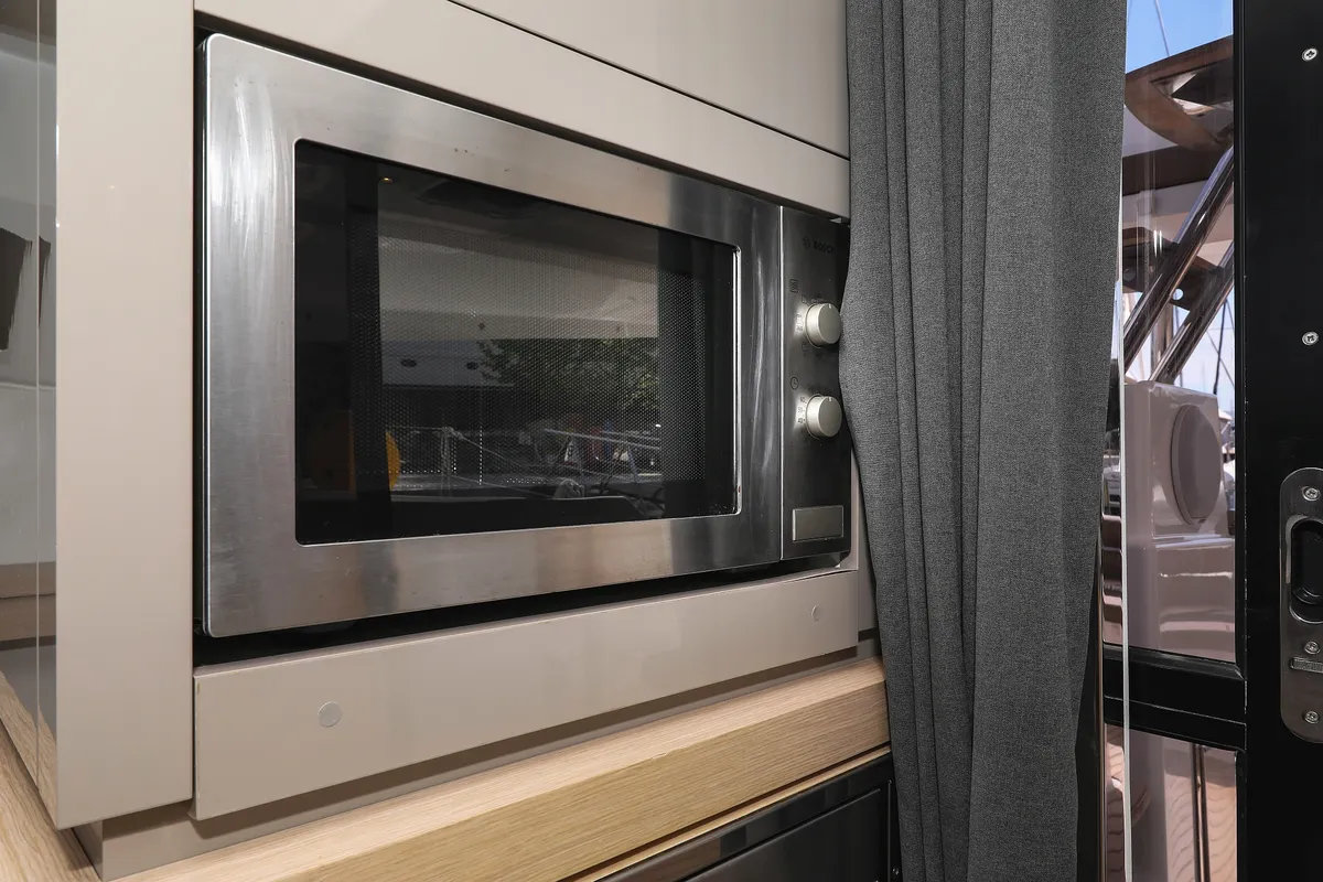Galley of Nina V, a Fountaine Pajot Saona 47 Quintet catamaran at Grad Trogir, Croatia