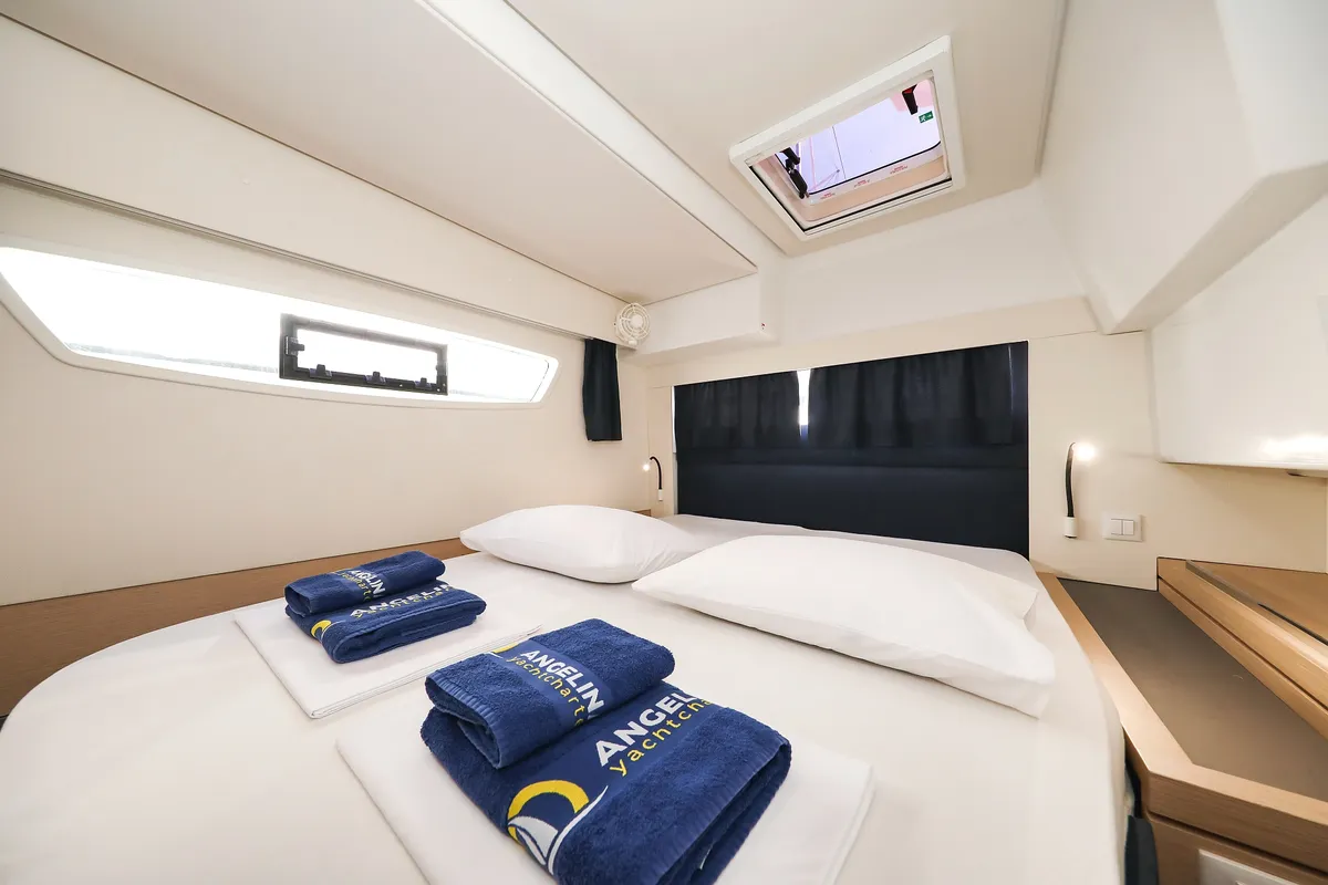 Cabin on Nina V, a Fountaine Pajot Saona 47 Quintet catamaran at Grad Trogir, Croatia