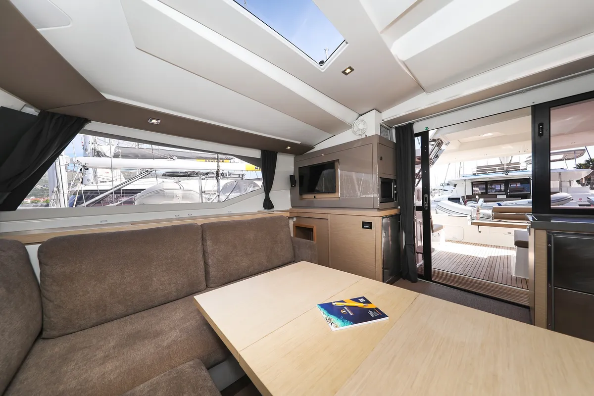 Salon of Nina V, a Fountaine Pajot Saona 47 Quintet catamaran at Grad Trogir, Croatia