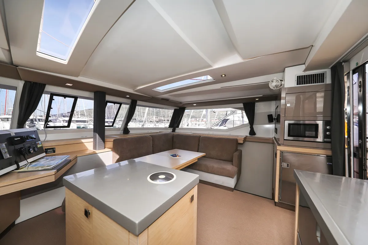 Salon of Nina V, a Fountaine Pajot Saona 47 Quintet catamaran at Grad Trogir, Croatia