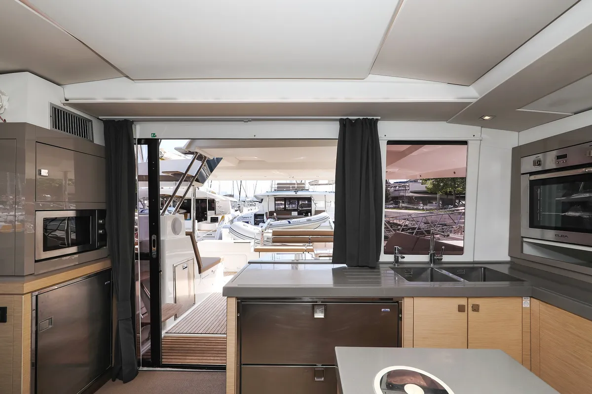 Galley of Nina V, a Fountaine Pajot Saona 47 Quintet catamaran at Grad Trogir, Croatia