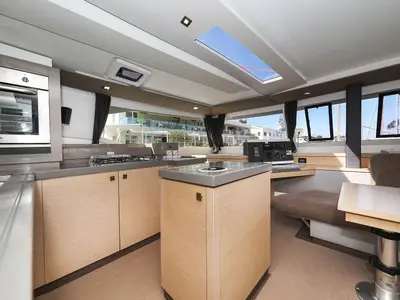 Galley of Nina V, a Fountaine Pajot Saona 47 Quintet catamaran at Grad Trogir, Croatia
