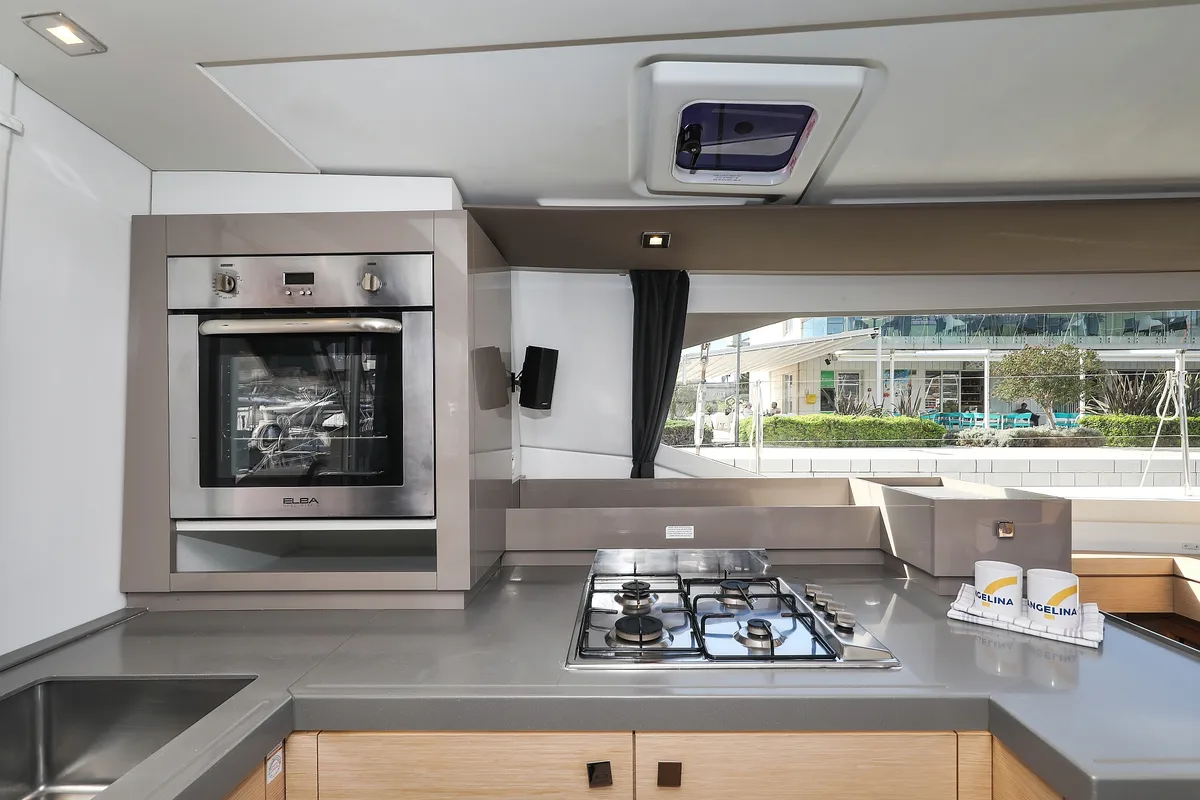 Galley of Nina V, a Fountaine Pajot Saona 47 Quintet catamaran at Grad Trogir, Croatia