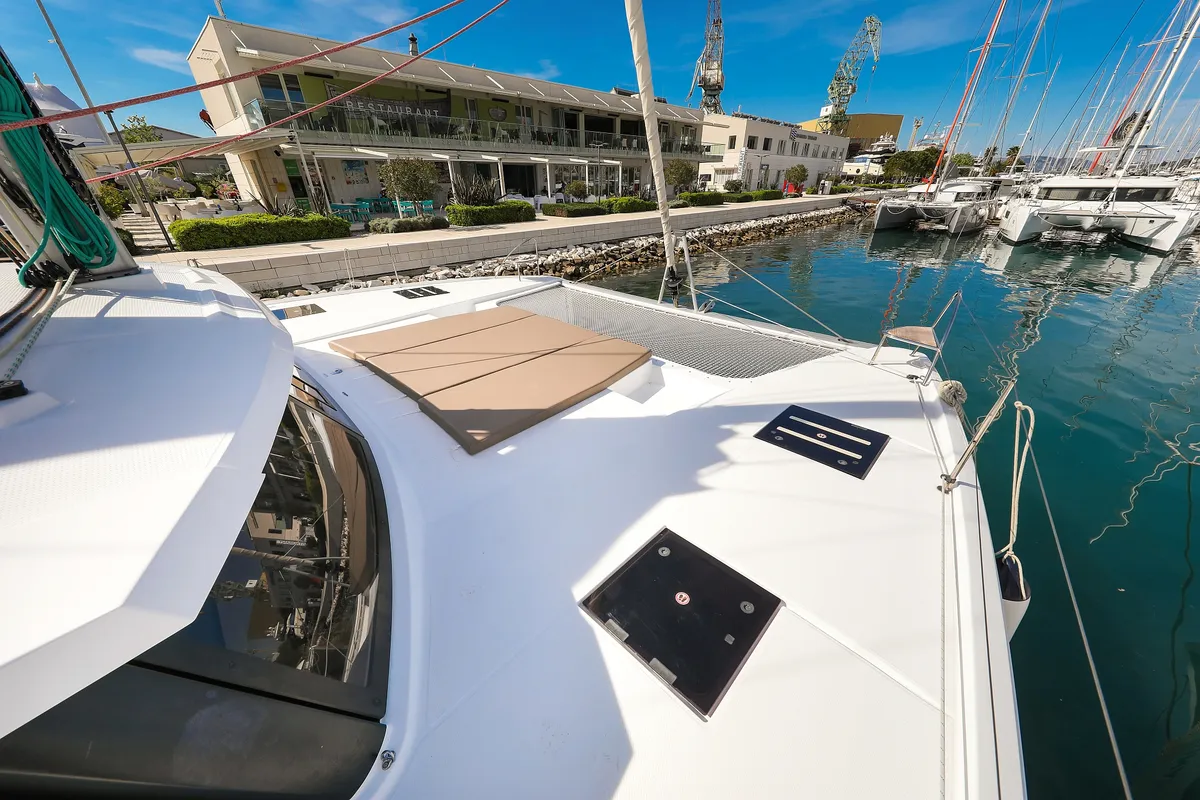 Deck of Nina V, a Fountaine Pajot Saona 47 Quintet catamaran at Grad Trogir, Croatia