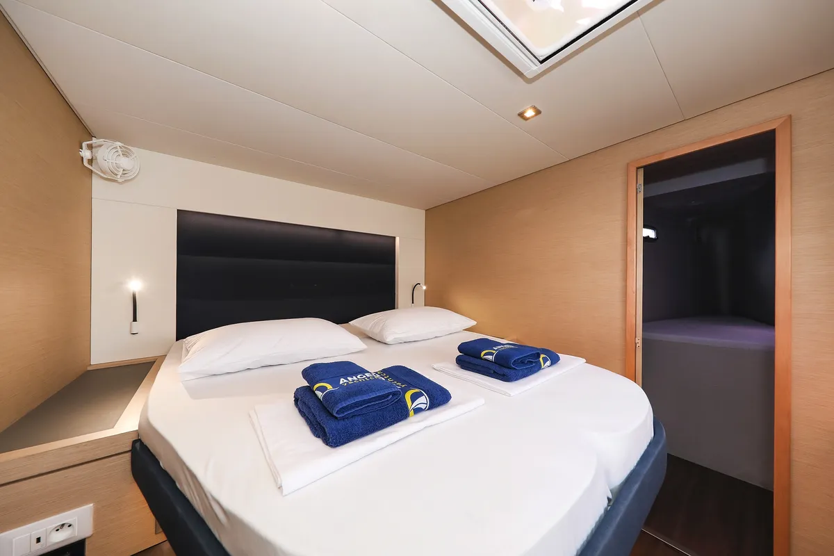 Cabin on Nina V, a Fountaine Pajot Saona 47 Quintet catamaran at Grad Trogir, Croatia