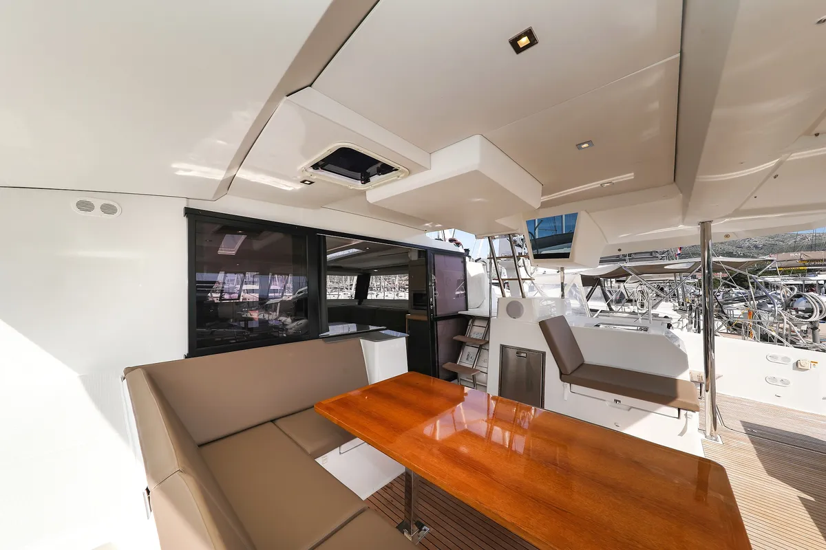 Deck of Nina V, a Fountaine Pajot Saona 47 Quintet catamaran at Grad Trogir, Croatia