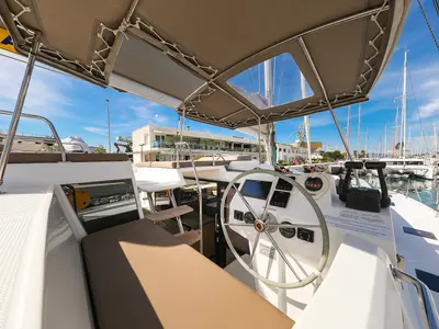 Cockpit of Nina V, a Fountaine Pajot Saona 47 Quintet catamaran at Grad Trogir, Croatia