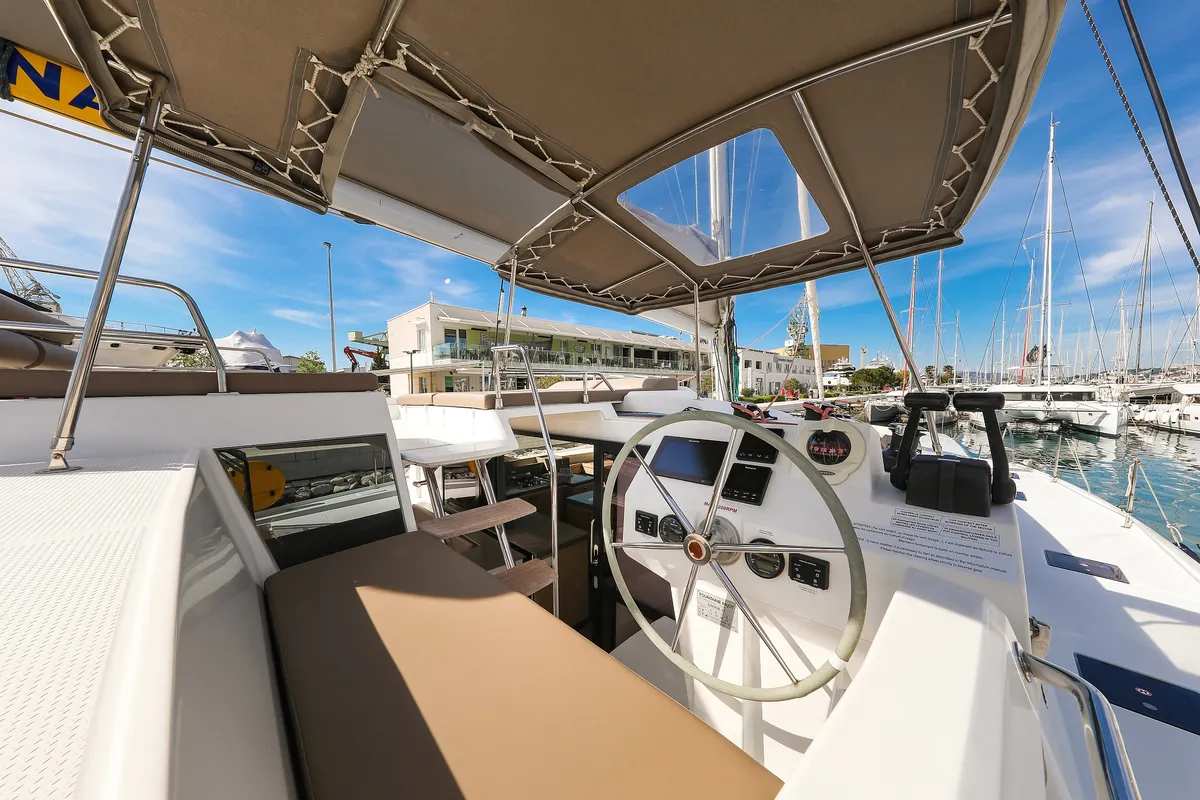 Cockpit of Nina V, a Fountaine Pajot Saona 47 Quintet catamaran at Grad Trogir, Croatia