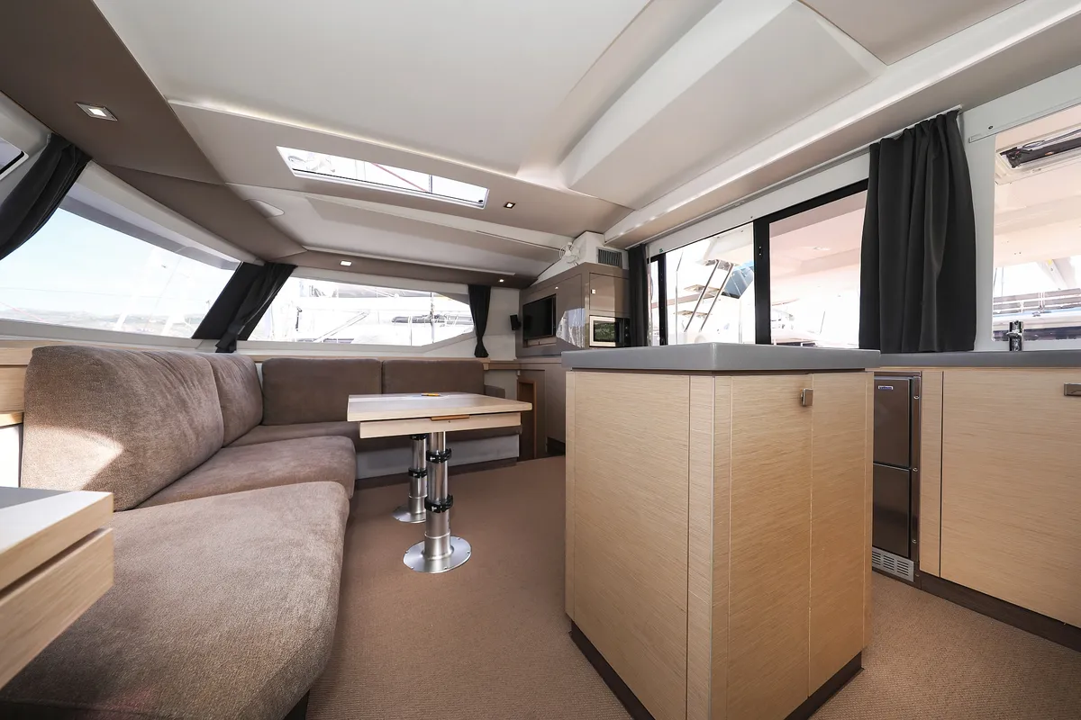 Salon of Nina V, a Fountaine Pajot Saona 47 Quintet catamaran at Grad Trogir, Croatia