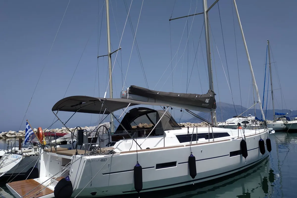 Exterior view of Joanne, a Dufour 460 GL sailboat at Municipal Unit of Lefkada, Greece