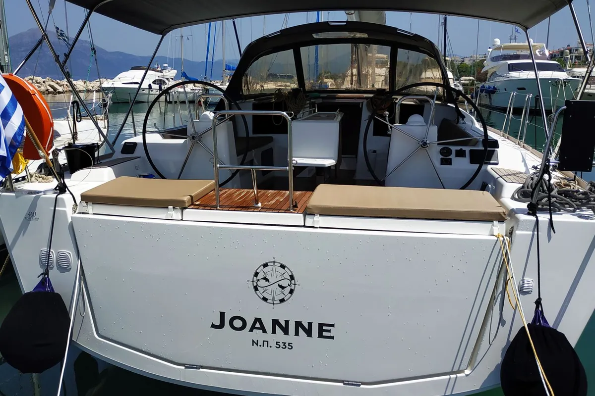 Exterior view of Joanne, a Dufour 460 GL sailboat at Municipal Unit of Lefkada, Greece