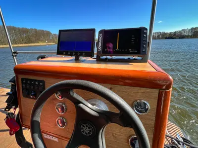 Cockpit of Seeliebe, a Woma D12 motorboat at Fürstenberg/Havel, Germany