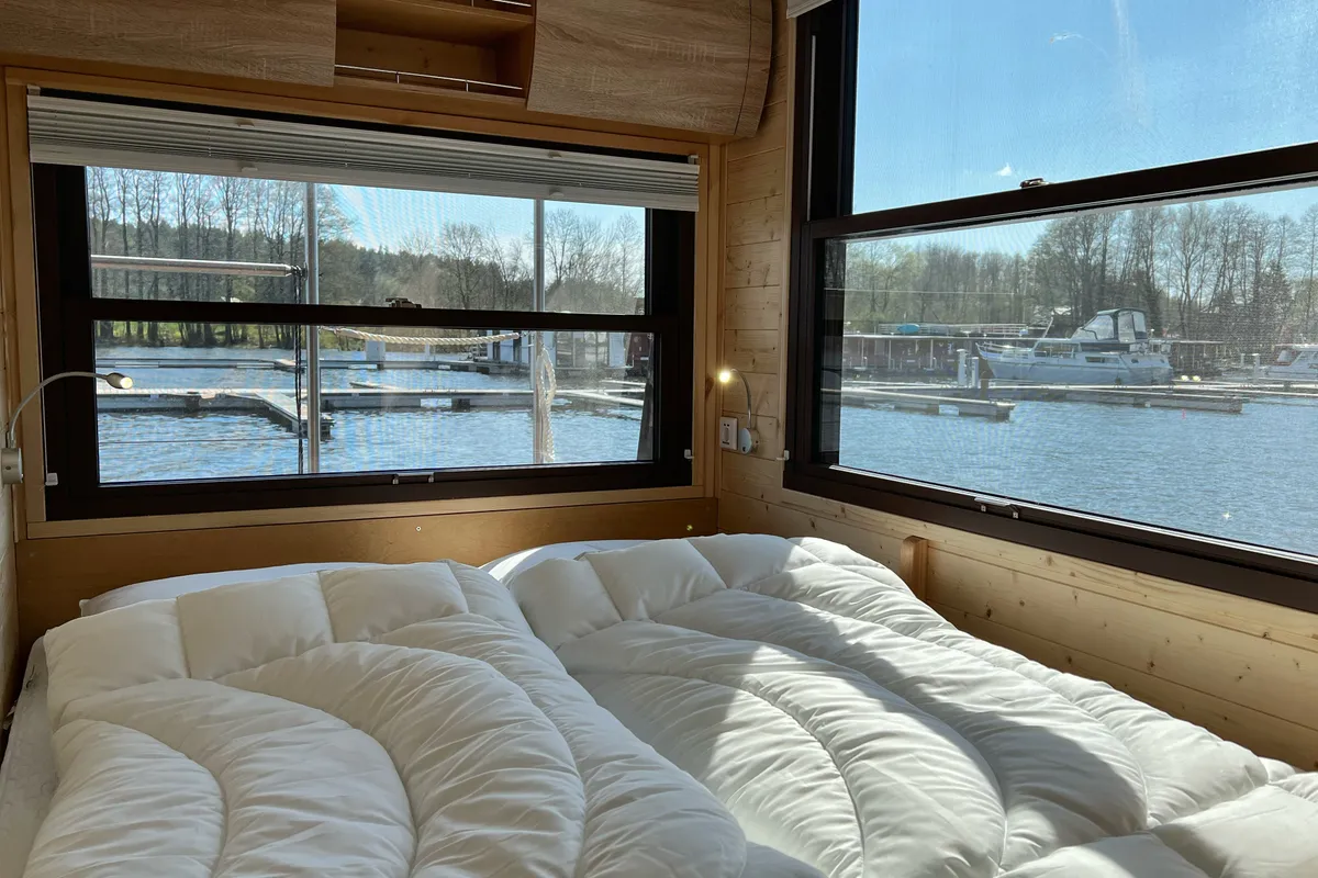 Cabin on Seeliebe, a Woma D12 motorboat at Fürstenberg/Havel, Germany