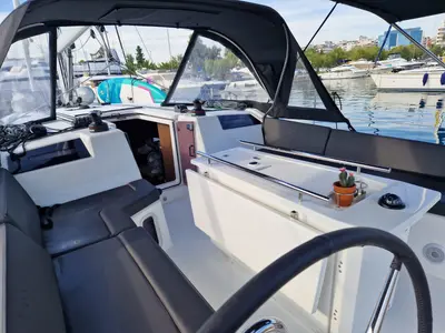 Cockpit of Marilena, a Beneteau Oceanis 40.1 sailboat at Athens, Greece