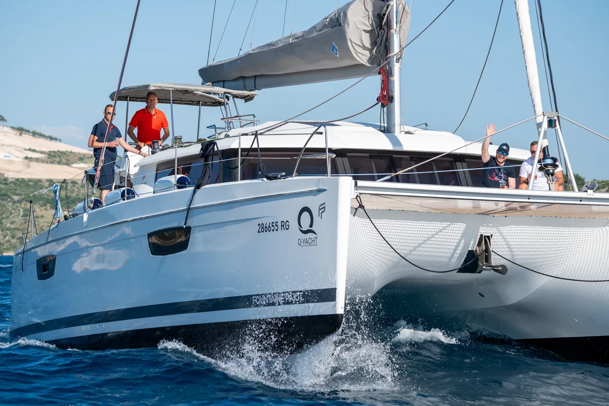 Exterior view of Franco Nero, a Fountaine Pajot Saba 50 catamaran at Primošten, Croatia