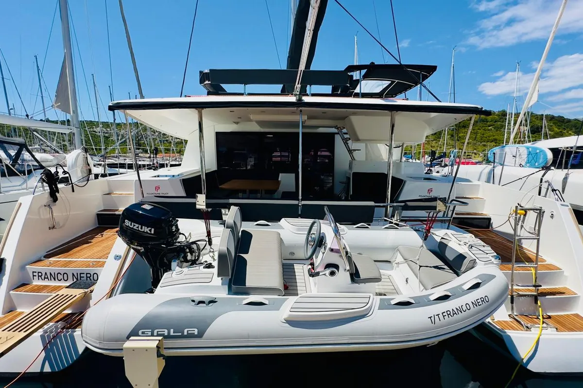 Exterior view of Franco Nero, a Fountaine Pajot Saba 50 catamaran at Primošten, Croatia