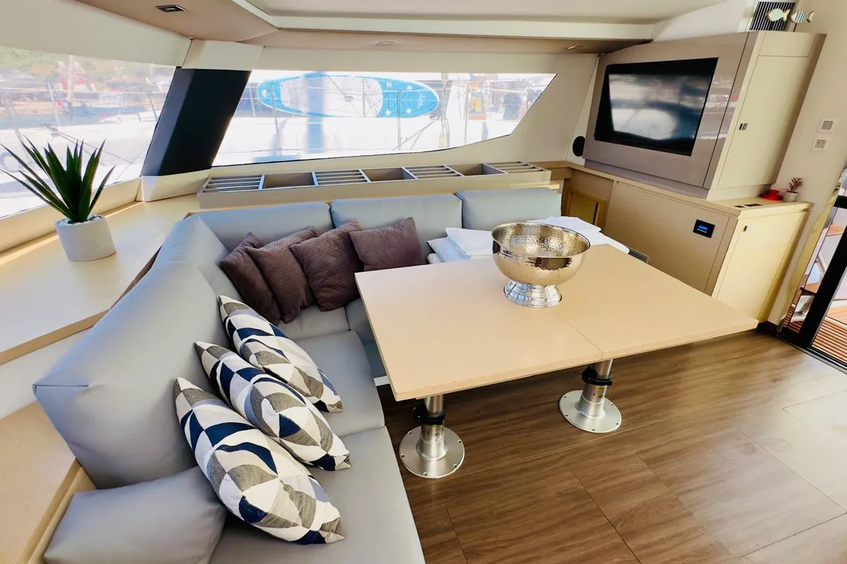 Salon of Franco Nero, a Fountaine Pajot Saba 50 catamaran at Primošten, Croatia