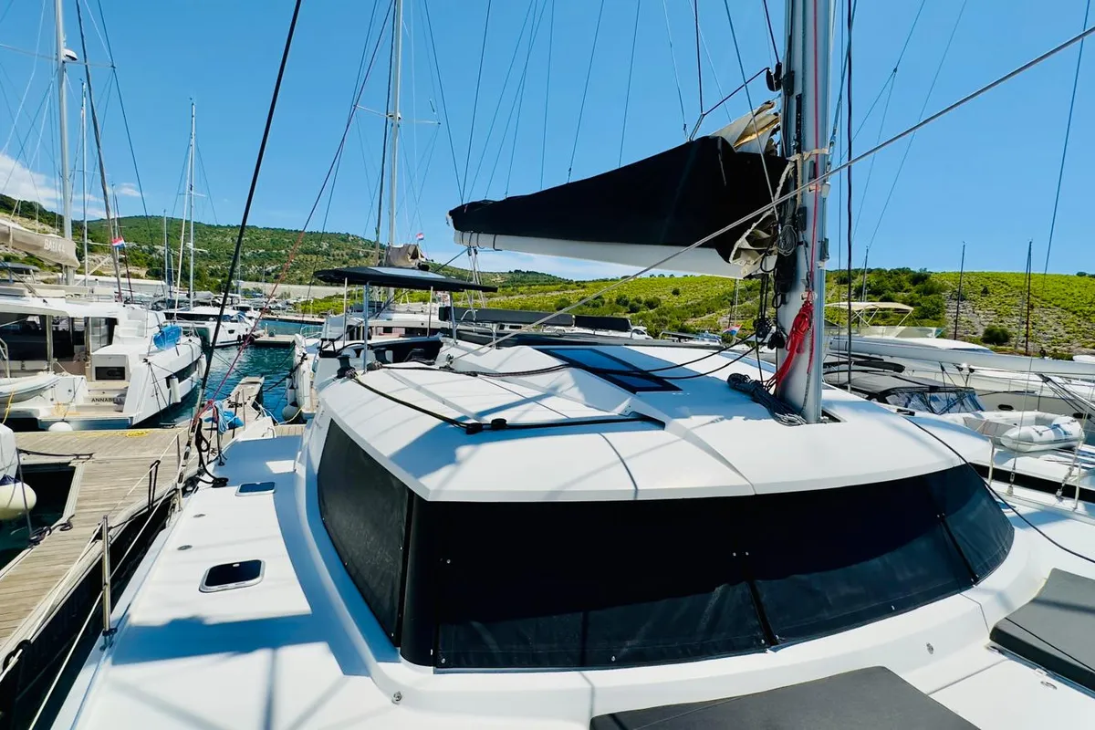Deck of Franco Nero, a Fountaine Pajot Saba 50 catamaran at Primošten, Croatia