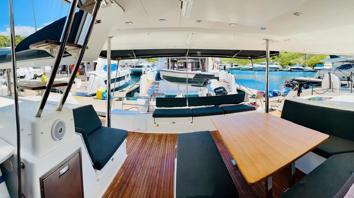 Deck of Franco Nero, a Fountaine Pajot Saba 50 catamaran at Primošten, Croatia