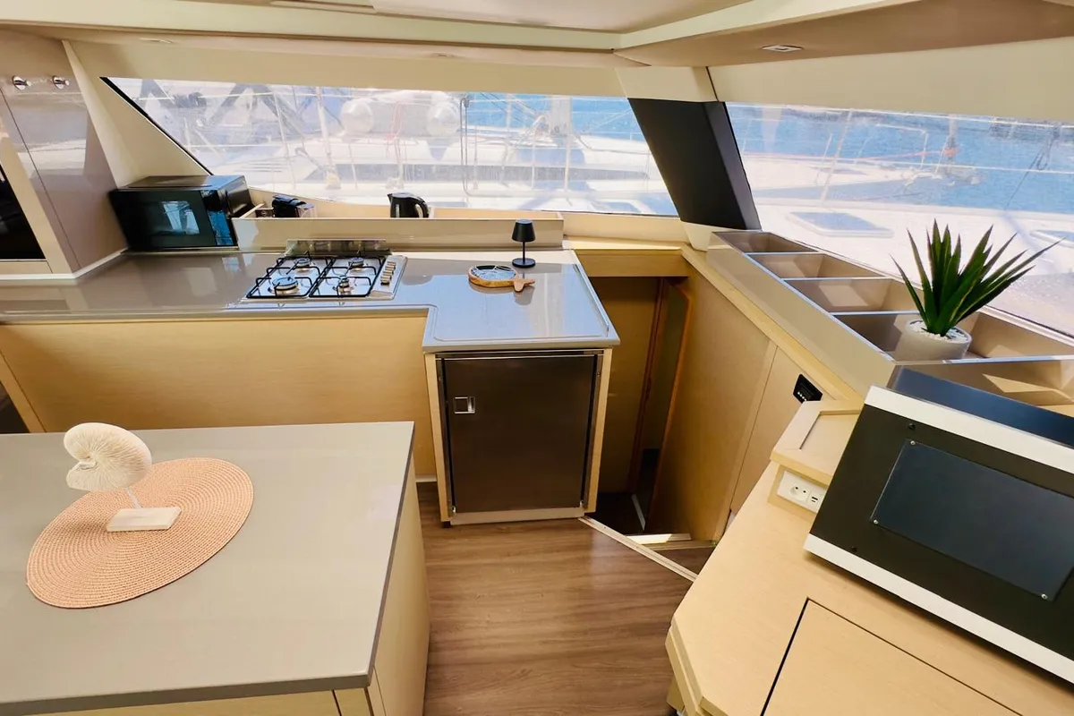 Galley of Franco Nero, a Fountaine Pajot Saba 50 catamaran at Primošten, Croatia