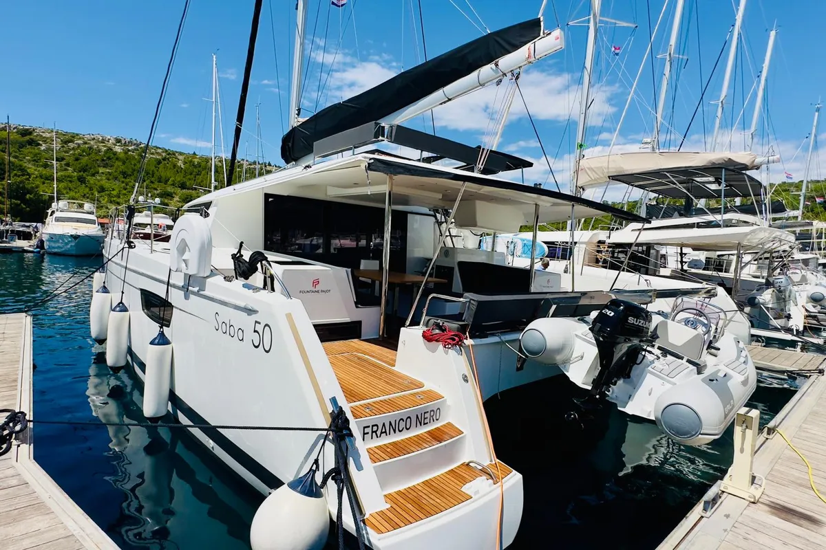 Exterior view of Franco Nero, a Fountaine Pajot Saba 50 catamaran at Primošten, Croatia