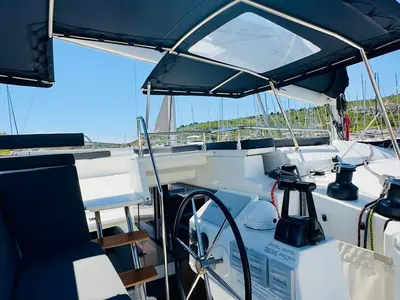 Cockpit of Franco Nero, a Fountaine Pajot Saba 50 catamaran at Primošten, Croatia