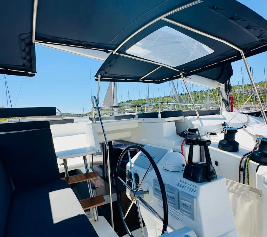 Cockpit of Franco Nero, a Fountaine Pajot Saba 50 catamaran at Primošten, Croatia