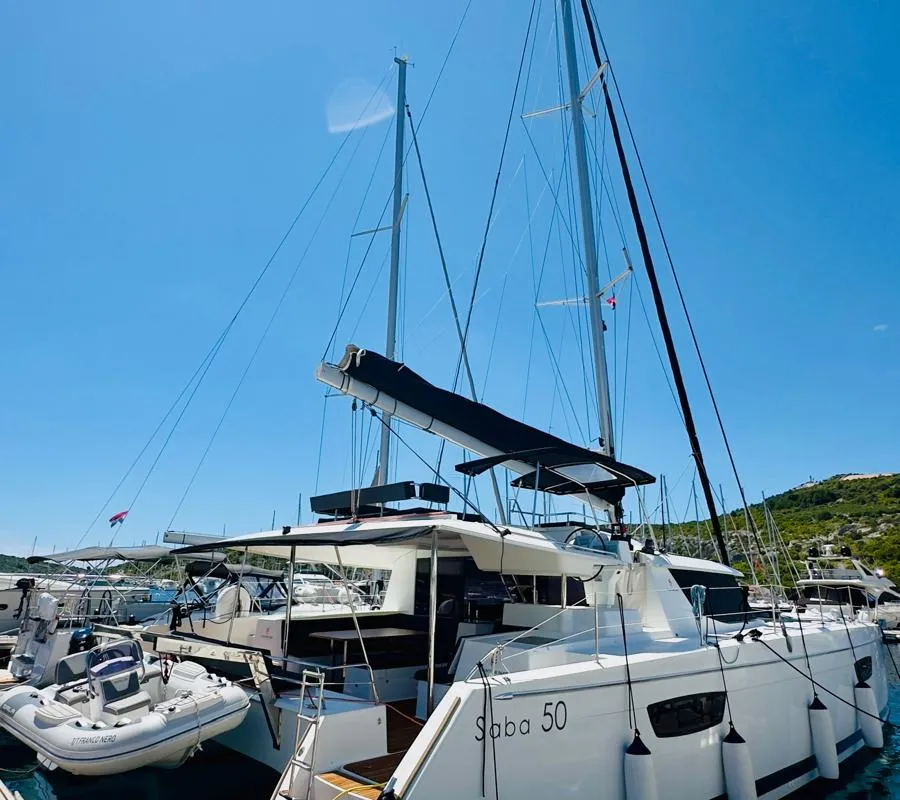 Exterior view of Franco Nero, a Fountaine Pajot Saba 50 catamaran at Primošten, Croatia