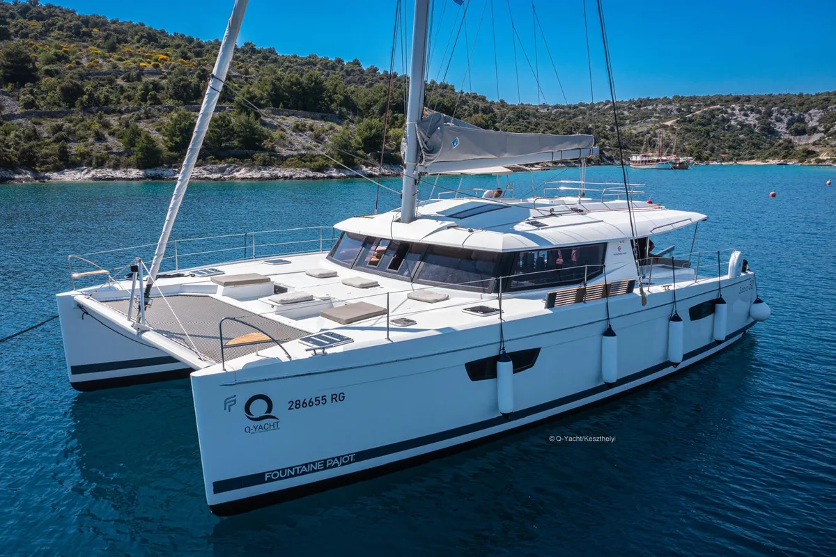Exterior view of Franco Nero, a Fountaine Pajot Saba 50 catamaran at Primošten, Croatia