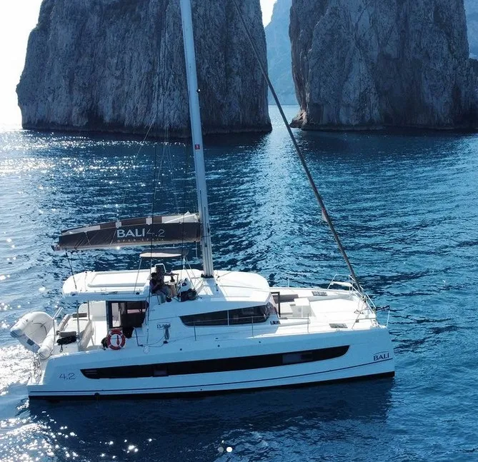Exterior view of Ferdi, a Bali 4.2 catamaran at Castellammare di Stabia, Italy