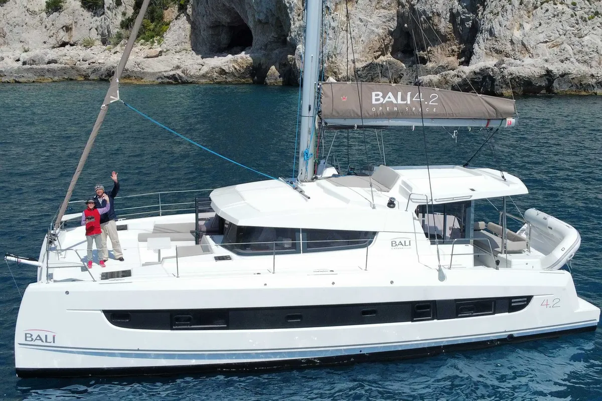 Exterior view of Ferdi, a Bali 4.2 catamaran at Castellammare di Stabia, Italy