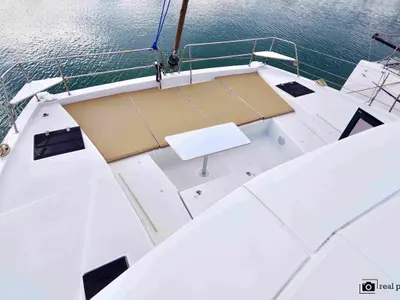 Deck of Ferdi, a Bali 4.2 catamaran at Castellammare di Stabia, Italy