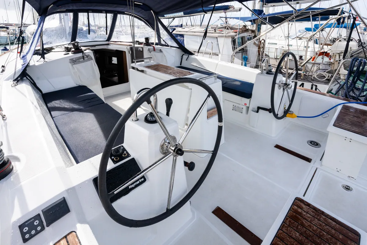 Cockpit of Meli - Comfort line, a Beneteau Oceanis 38.1 sailboat at Rosignano Solvay, Italy