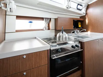 Galley of Meli - Comfort line, a Beneteau Oceanis 38.1 sailboat at Rosignano Solvay, Italy