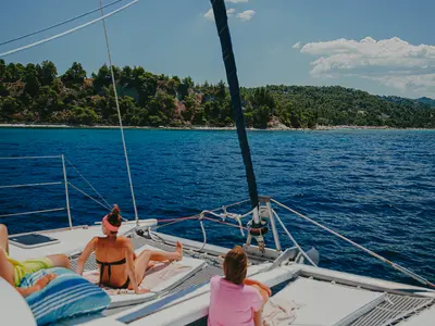 Deck of Karamela, a Lagoon 380 catamaran at Sithonia, Greece
