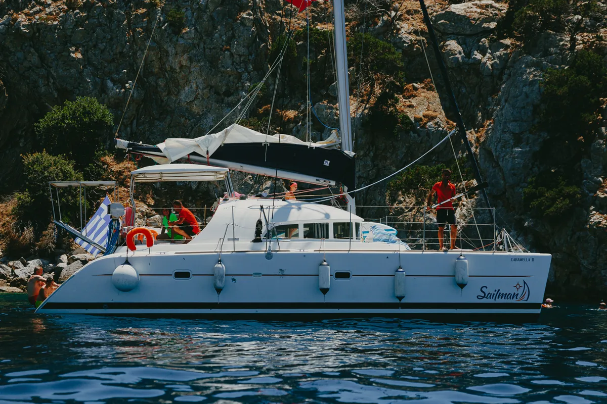 Exterior view of Karamela, a Lagoon 380 catamaran at Sithonia, Greece