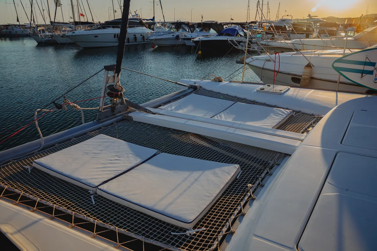 Deck of Karamela, a Lagoon 380 catamaran at Sithonia, Greece