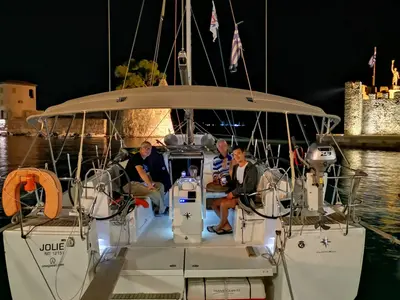 Deck of Jolie, a Jeanneau Sun Odyssey 440 sailboat at Kontokali, Greece