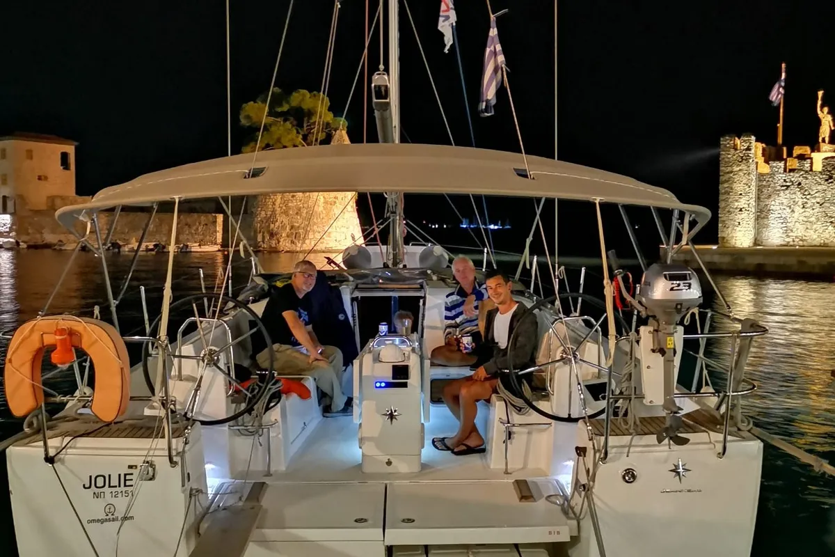 Deck of Jolie, a Jeanneau Sun Odyssey 440 sailboat at Kontokali, Greece