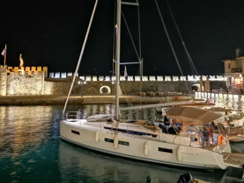 Exterior view of Jolie, a Jeanneau Sun Odyssey 440 sailboat at Kontokali, Greece