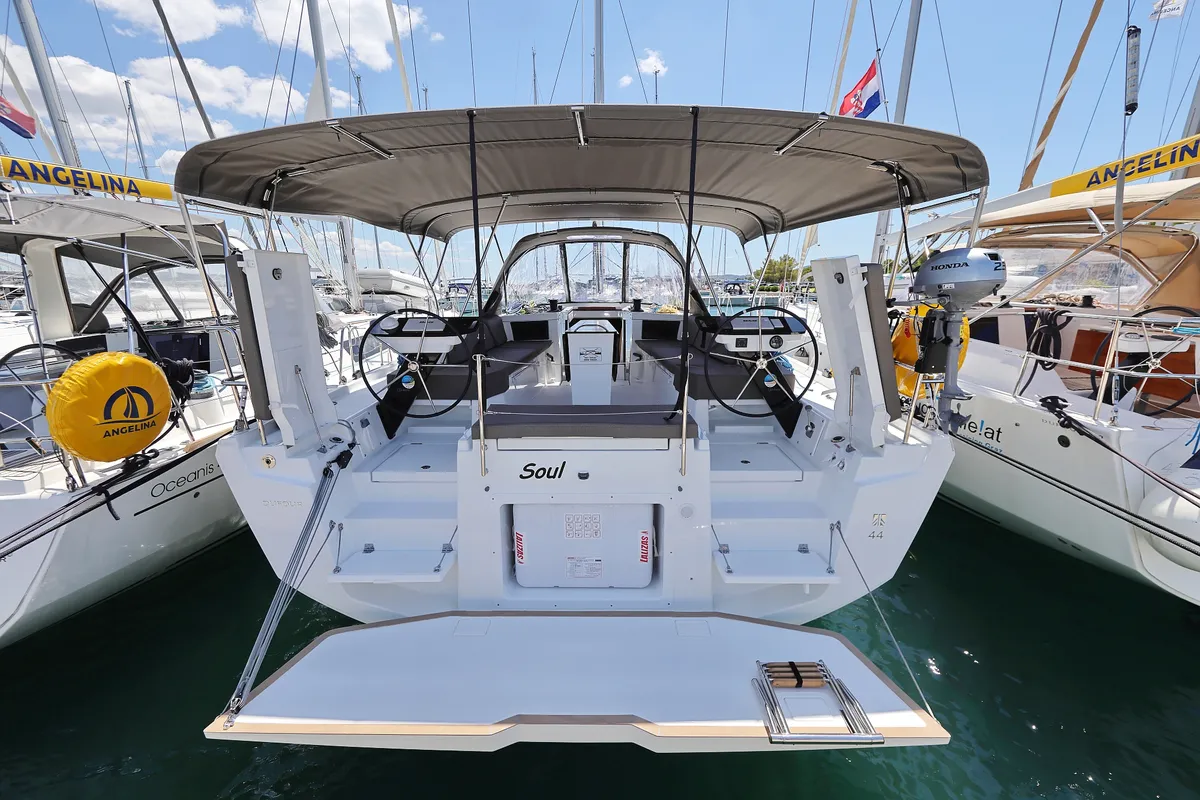 Exterior view of Soul, a Dufour 44 sailboat at Općina Sukošan, Croatia